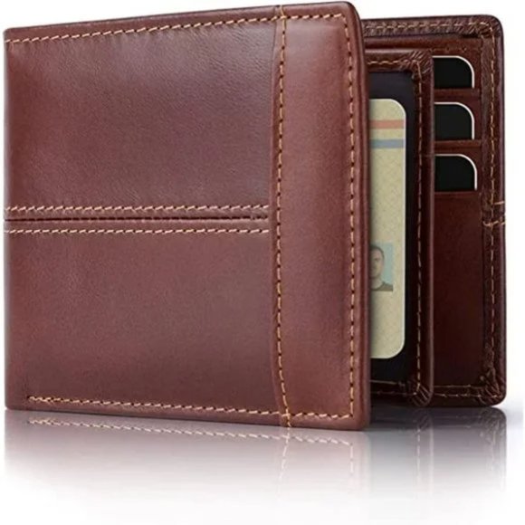 MENS Wallet RFID Genuine Leather Bifold Wallets For Men, Maroon (10 card slots) - Picture 1 of 7